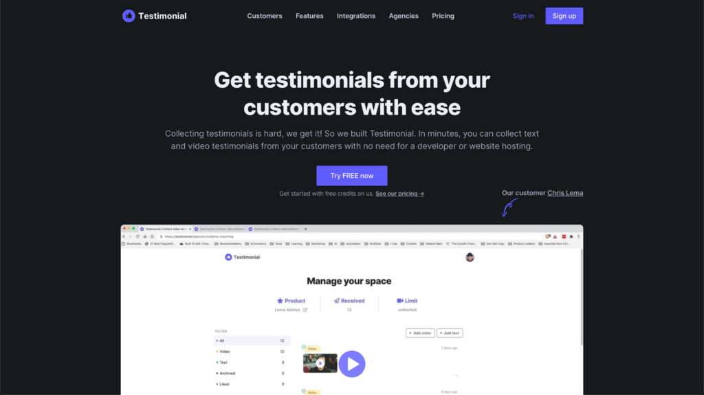 Screenshot of Testimonial  - a video testimonial website 