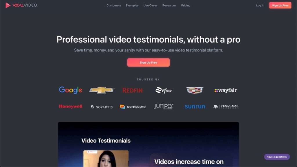 Screenshot of Vocal Video  - a video testimonial website 